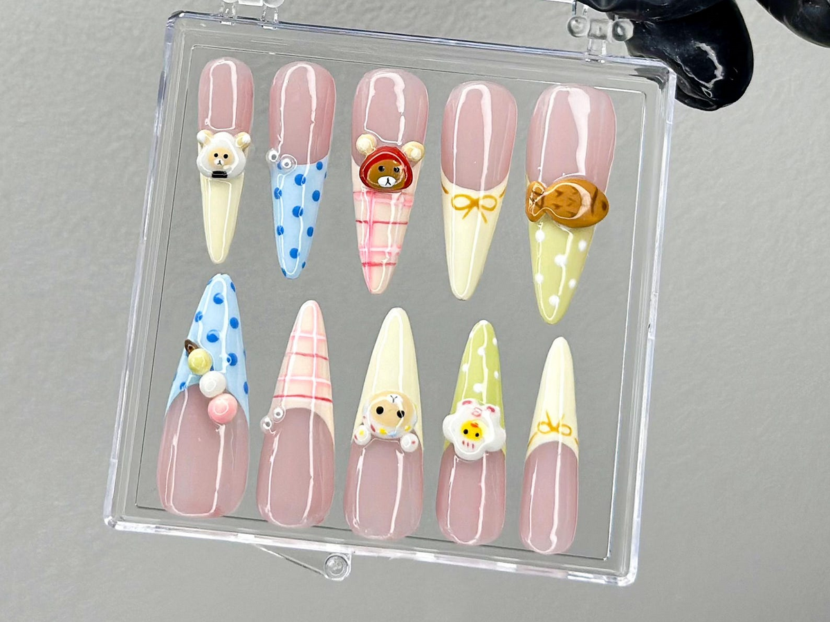 Cute 3D Cartoon Press On Nails Pastel Kawaii Nail Art 3D Bear Picnic Press Ons Gingham Pastel Fake nailsAnimal Kawaii Nails