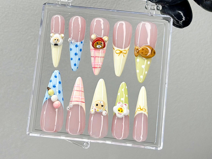 Cute 3D Cartoon Press On Nails Pastel Kawaii Nail Art 3D Bear Picnic Press Ons Gingham Pastel Fake nailsAnimal Kawaii Nails