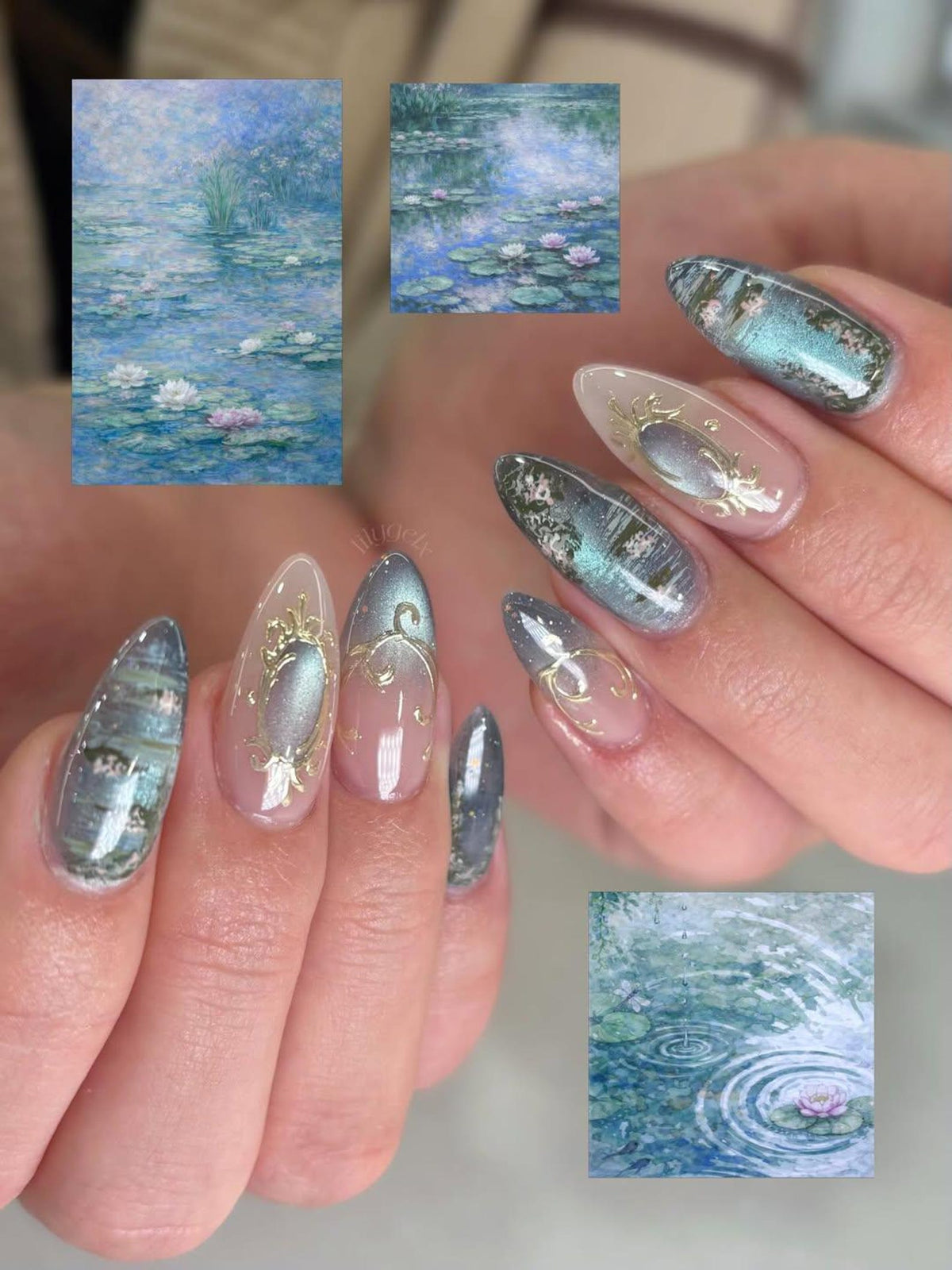 Teal Cat Eye Press On Nails Elegant Vintage Nail Art Ocean Marble Luxury Nails Floral Blue
