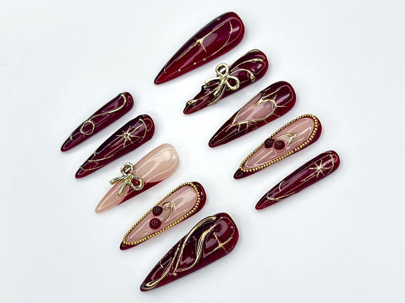 Wine Red Fall Press On Nails Burgundy & Gold Nail Art Autumn Holiday Nails Handmade Glam Nail Set Elegant Long Nails