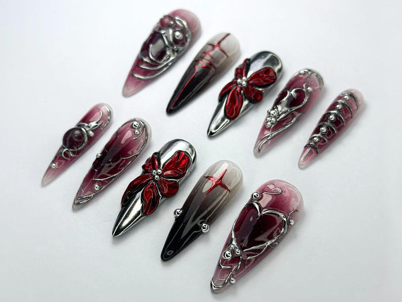 Gothic Blood Red Press-On Nails Edgy Black And Red Press-Ons Gothic Press-On Set Cyberpunk & Gothic Nails OB726HC