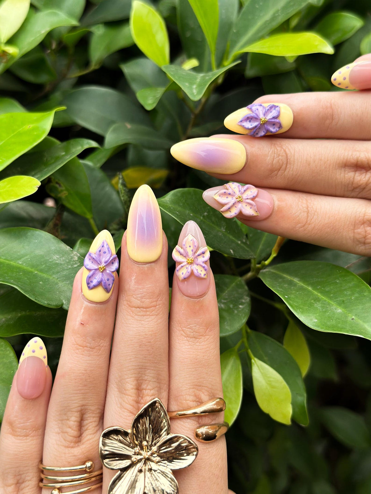 Pastel Sunset Bloom Press On Nails, 3D Purple Flower Nails, Yellow Ombre Nails, Soft