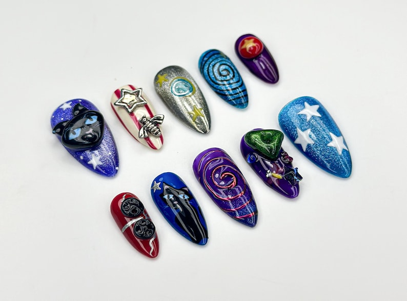 Unique Cosmic Galaxy Press On Nails Metallic Space Theme Nails Starry Night Press Ons Handmade Cosmic Nails Celestial Nails