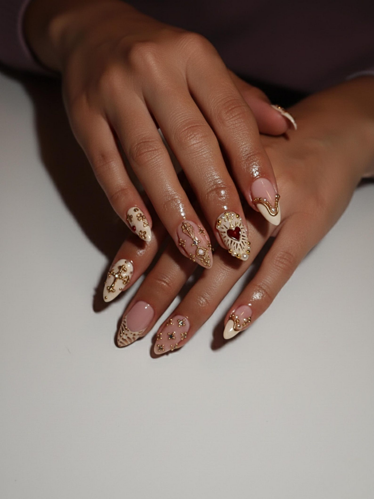 Nail Tabs for Press On Nails – Golden Heart Baroque Press On Nails Valentine Nails Ivory Blush French Tips