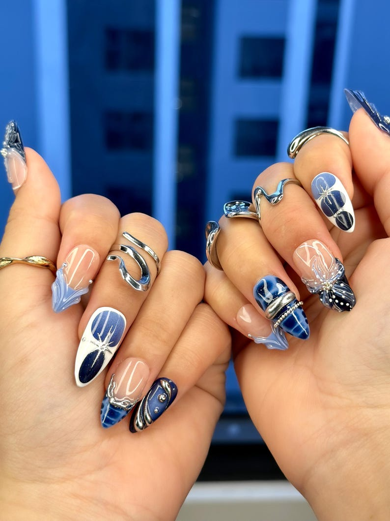 Winter Midnight Spark Press On Nails Blue Chrome Nail Art Silver Star 3D Nails Elegant Winter Press Ons