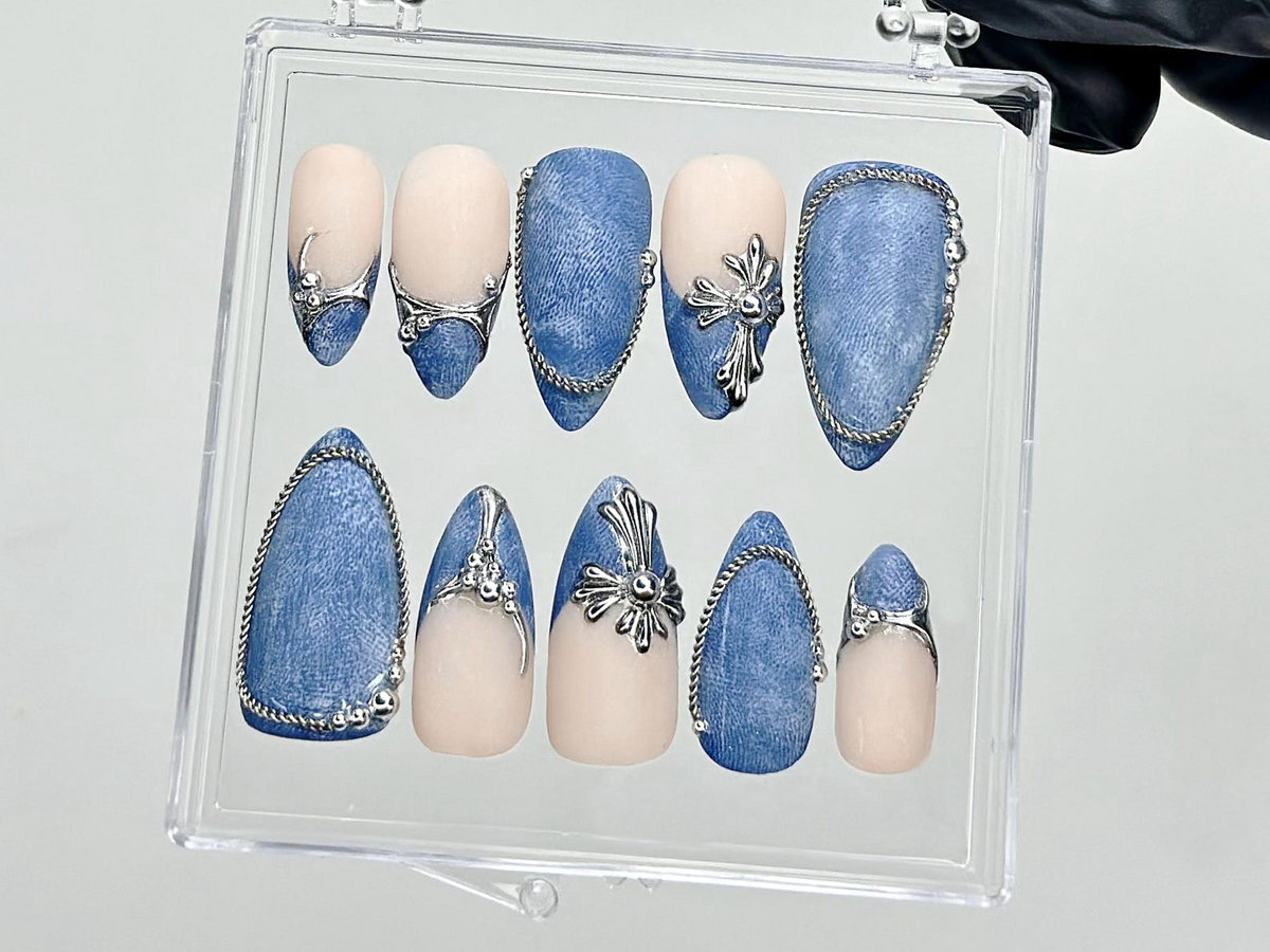 Silver Trim Denim Press On Nails Blue Jean Fake Nails Cowgirl Style Nail Art Western Denim Press Ons Textured Denim Nails