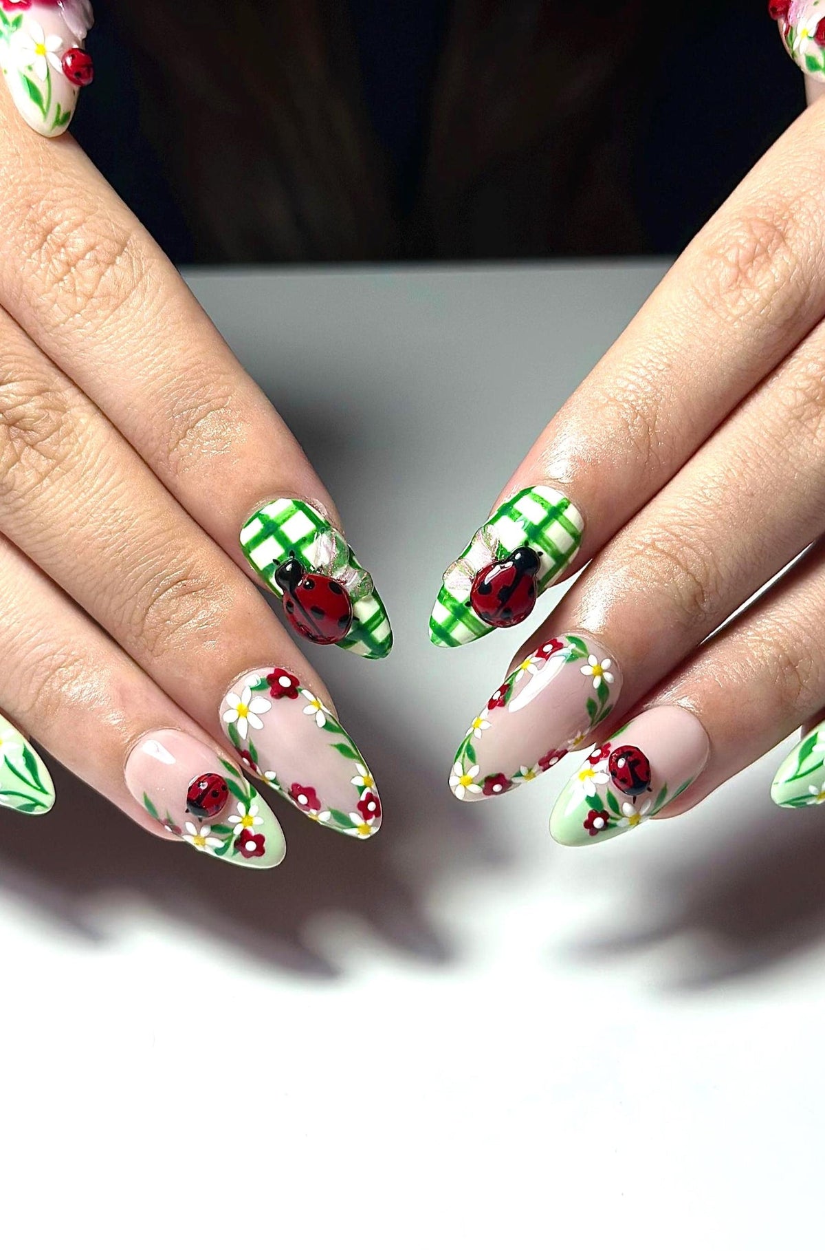 Cottagecore Daisy Ladybug Nails Spring Gingham Press On Nails Cute Picnic Nail Art Green