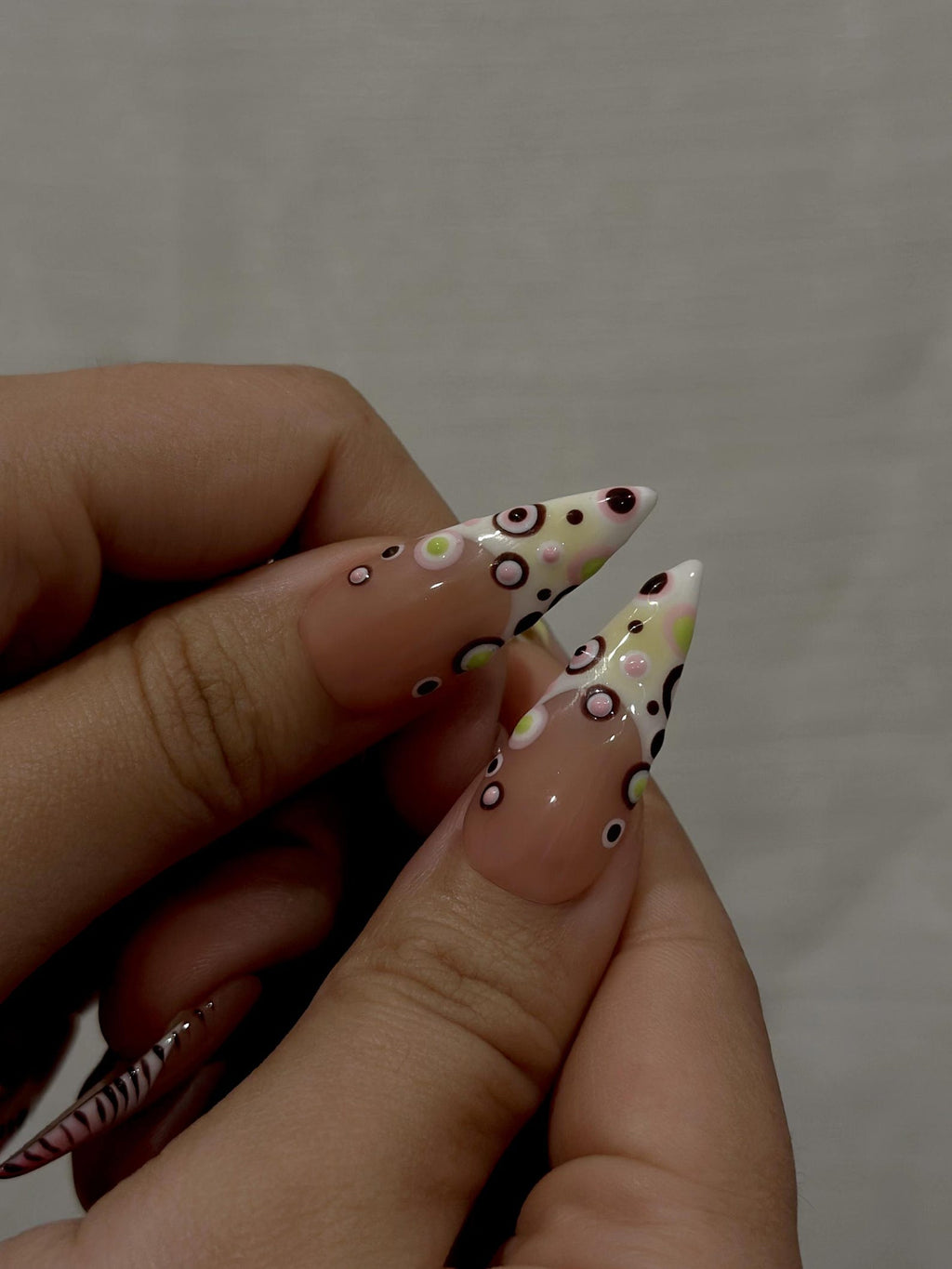 Modern Garden French Press On Nails Playful Floral & Polka Dot Nails Luxury Nude Base