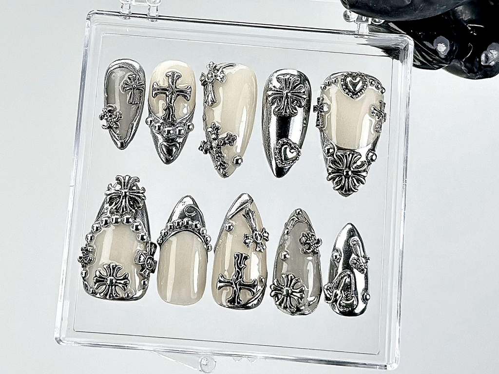 Gothic Chrome Press On Nails Silver Gothic Fake Nails Punk Rock Chrome Nail Art 3D Cross Gothic Press Ons Fashion Nails OB889YK