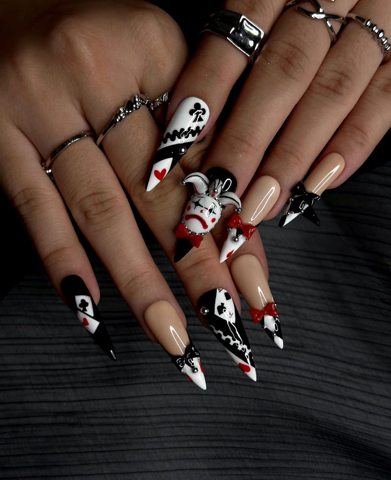 Harlequin Joker Halloween Press On Nails Black White Red Gothic Nail Art 3D Clown Accent Stiletto Nails Playing Card Inspired