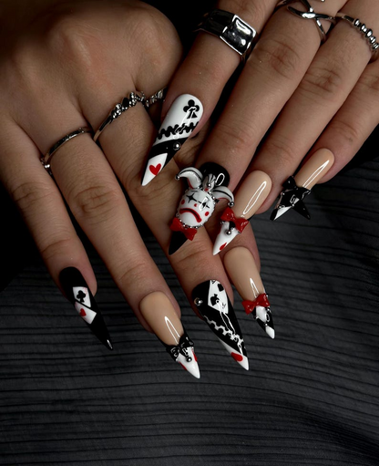 Harlequin Joker Halloween Press On Nails Black White Red Gothic Nail Art 3D Clown Accent Stiletto Nails Playing Card Inspired