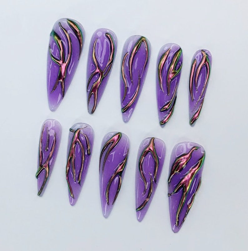 Purple Chrome Flame Press-On Nails Long Stiletto Shape Halloween Party NailsCustom Hand-Painted Nails Gothic Nail ArtNails