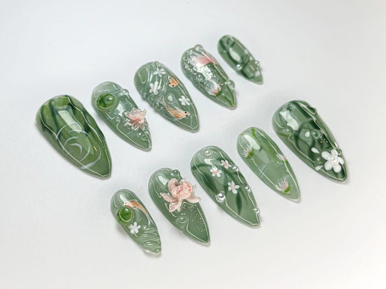 Green Forest Koi Press-On Nails Handmade Koi Fish Nail Set Green Floral & Marble Press-Ons Glossy Press-On Nail Set OB723HK