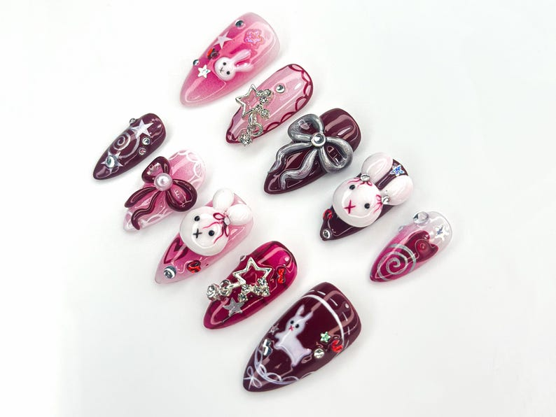 Gothic Bunny Dream Press On Nails Red And Pink Festive Nail Art 3D Bunny & Bow Charms Starry Holiday Glam Nails