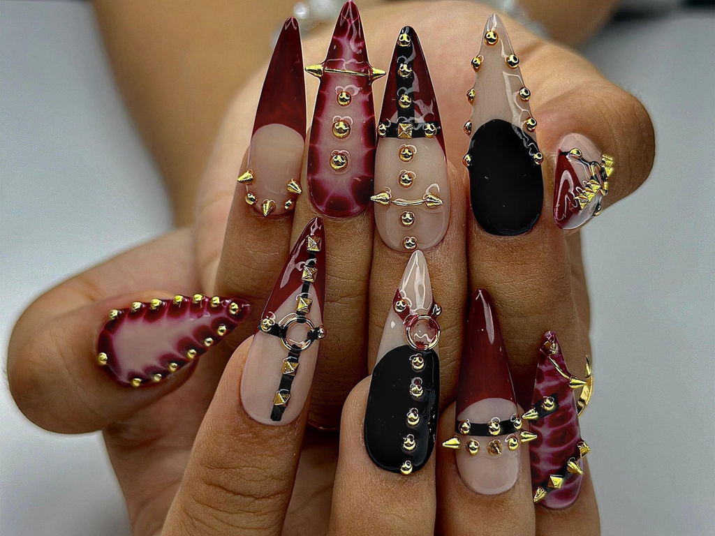 Gothic Punk Press On Nails Red Marble & Studded Spiked Nail Art Handmade Long Stiletto Nails