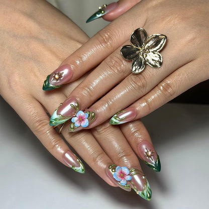 3D Floral Press On Nails Green Leaf Pink Chrome Nails Handmade Flower Nail Art Elegant