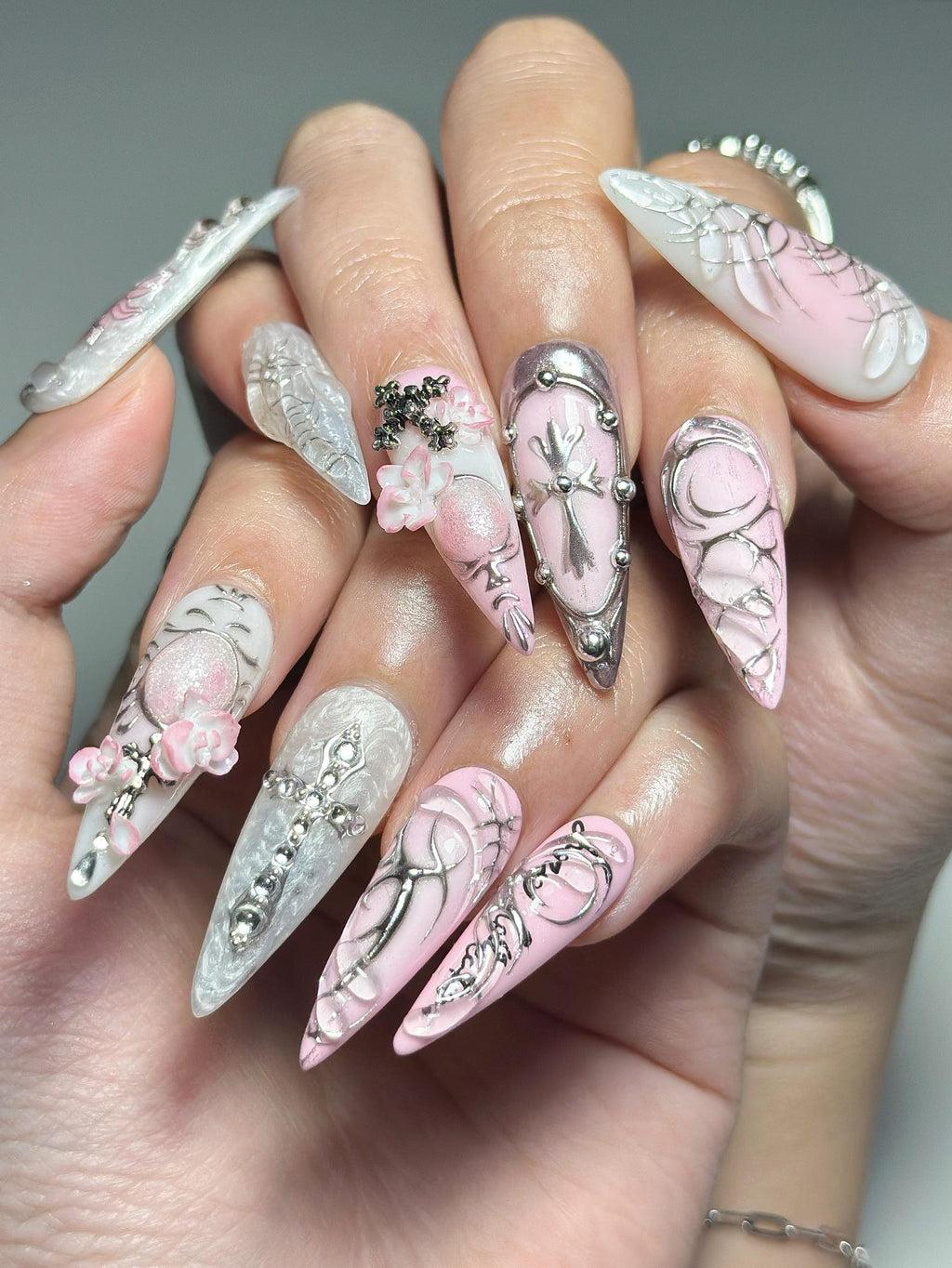 3D Pink Gothic Cyber Nails, Silver Chrome Cross Press Ons, Ethereal Grunge Liquid Metal