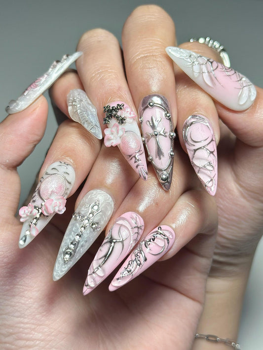 3D Pink Gothic Cyber Nails, Silver Chrome Cross Press Ons, Ethereal Grunge Liquid Metal