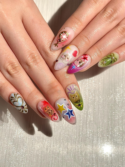 Kawaii Cat Press On Nails Y2K Cute Kitty Nails Colorful Nails Harajuku Pop Nail Art