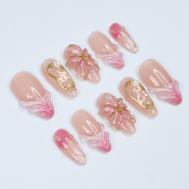 Blush Bloom Elegance Press On Nails with 3D Floral Accents, Gold Details & Pink Ombre