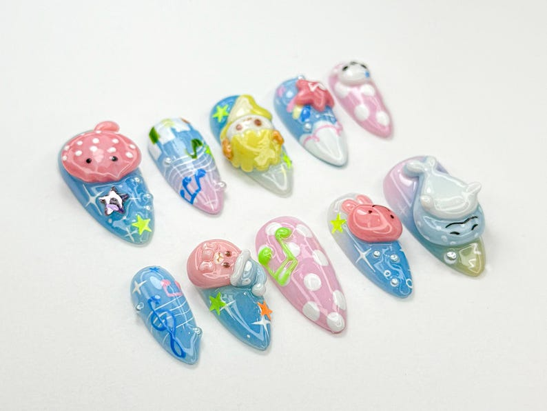 Kawaii Summer Press On Nails 3D Pastel Marine Animals Kawaii Sea Nail Art Cartoon Seal Whale Jellyfish Nails Summer Nails