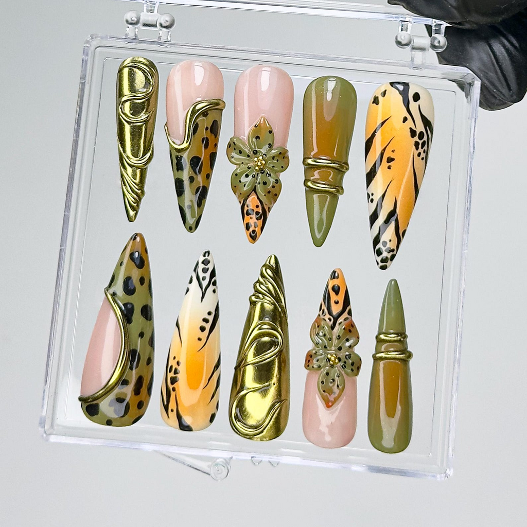 Jungle Safari Glam Press On Nails Gold 3D Embellished Leopard Fake Nails Olive & Mustard Animal Print Nail Art Exotic Nails