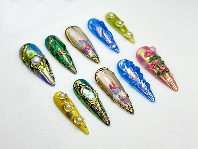 Floral Chrome Press On Nails Mixed Pearl 3D Art Nails Sculpted Nature-Inspired Holographic Garden Press Ons Artistic Nail OB856HK