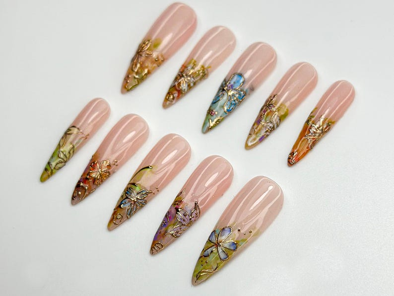 Gold Foil Floral Press On Nails Vintage Garden Nails Nude Gradient Floral Nails Long Press On Nails Botanical Press Ons OC773HC