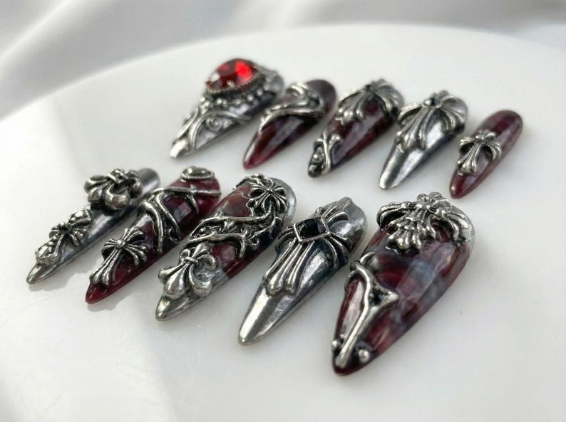 Gothic Blood Cross Press On Nails Dark Red Medieval Nails Silver Armor Nail Art Gothic Cross Statement Nails
