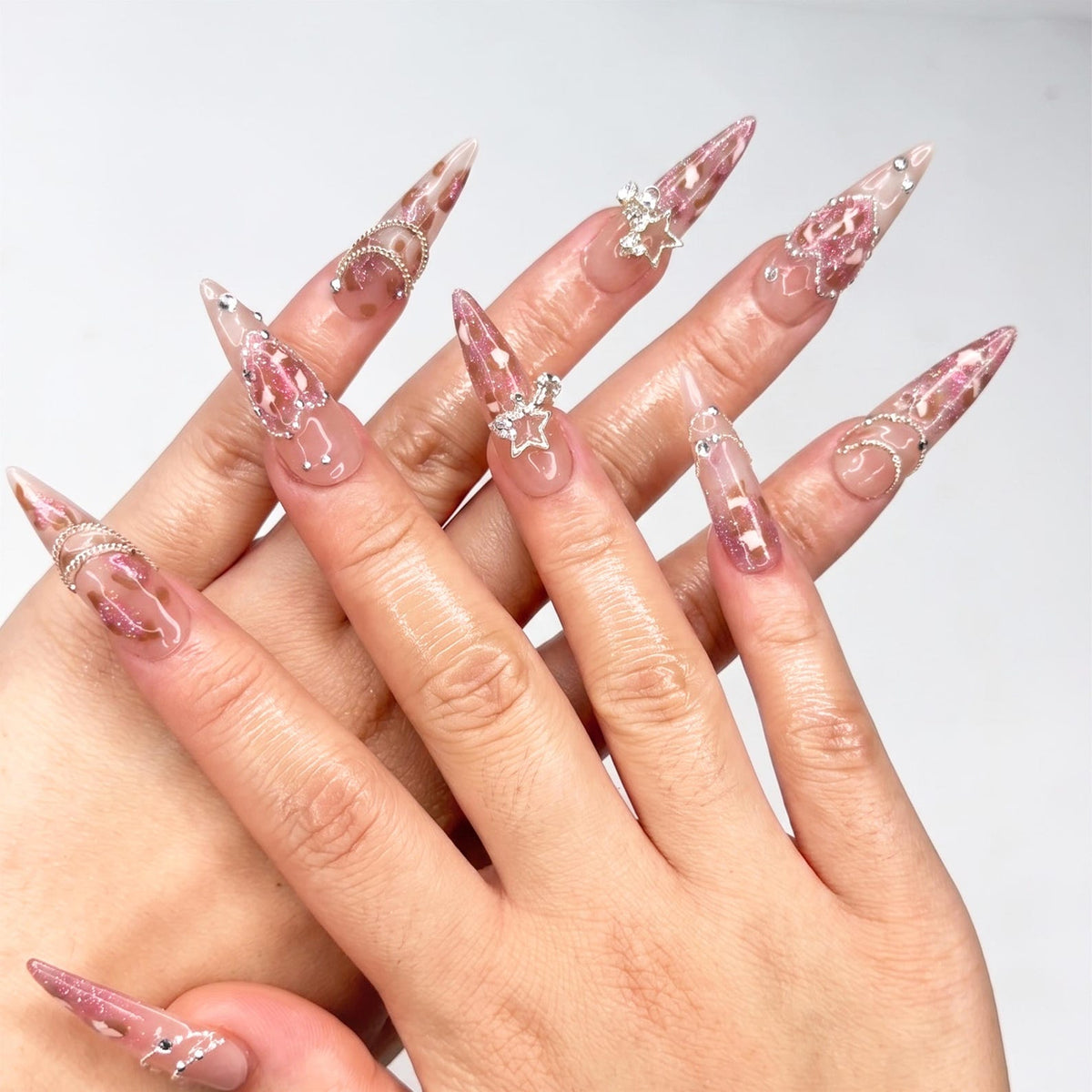 Leopard Print Press On Nails, Luxury Gyaru Y2K Stiletto Nails, Silver Star Chain Heart