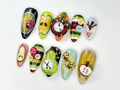 Fruity Fun Press On Nails 3D Fruit Bug Nail Art Clock Design Cute Kawaii Nails Colorful Handmade Fake Nails Summer Nails OA802YC