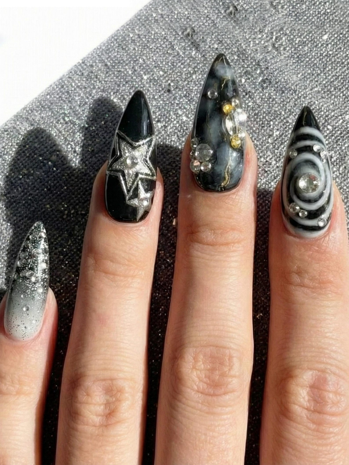 Gothic Black Cat Galaxy Press On Nails for Bold Girls Handmade Silver Star Fake Nails Dark Smoky Crystal Nail Art