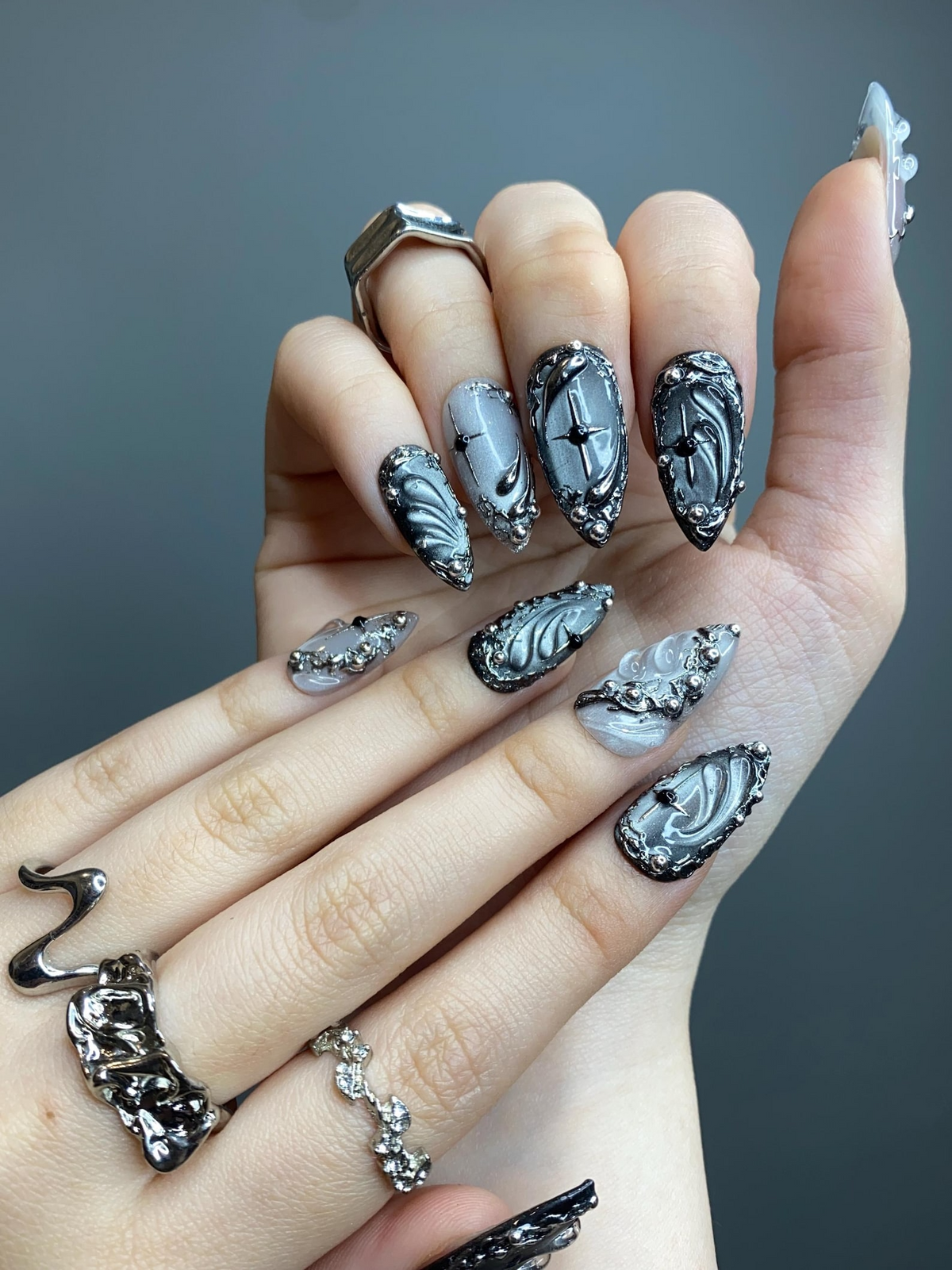Silver Gothic Press On Nails Black Chrome Metallic Nail Art Handmade Dark Luxury Press Ons