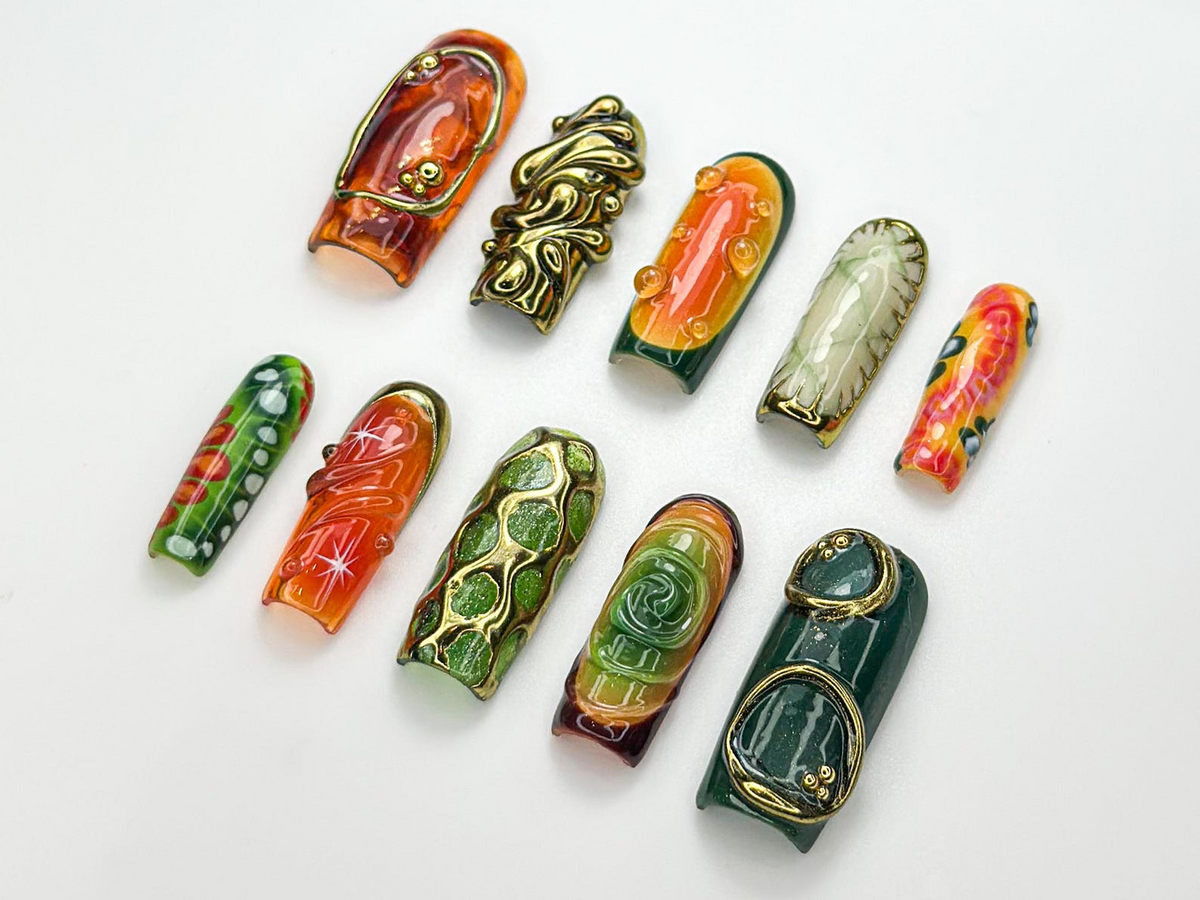 Retro Jungle Luxe Press On Nails 3D Gold Abstract Nail Art Green & Orange Swirl Press Ons Handmade Statement Nails