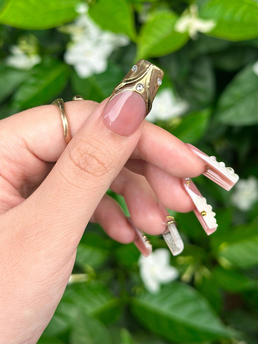 Royal Balletcore Press On Nails, Luxury Pearl Bow Fake Nails, Handpainted Gold French