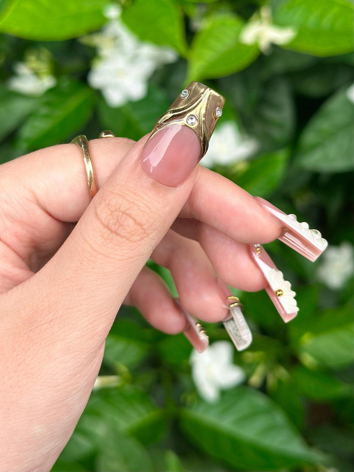 Royal Balletcore Press On Nails, Luxury Pearl Bow Fake Nails, Handpainted Gold French