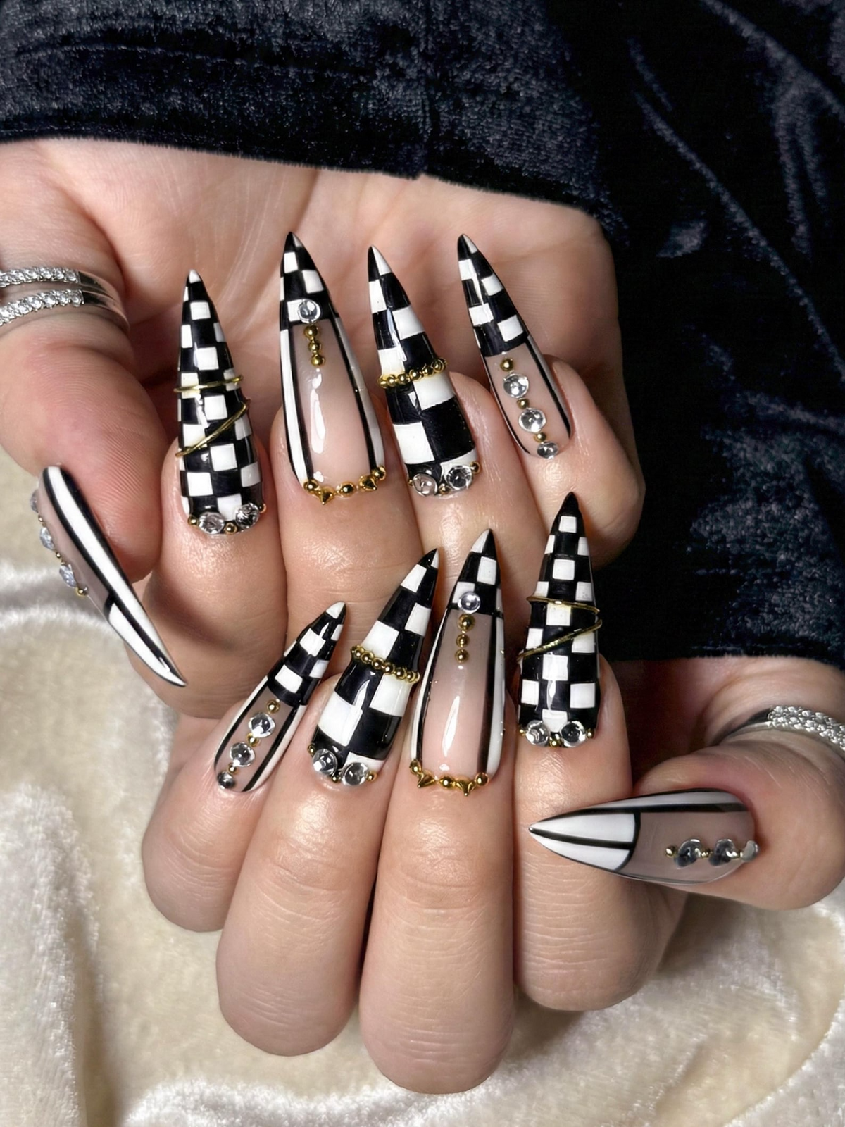 Black & White Gothic Press On Nails Luxury Girl Stiletto Nail Art Gold Accent Checker