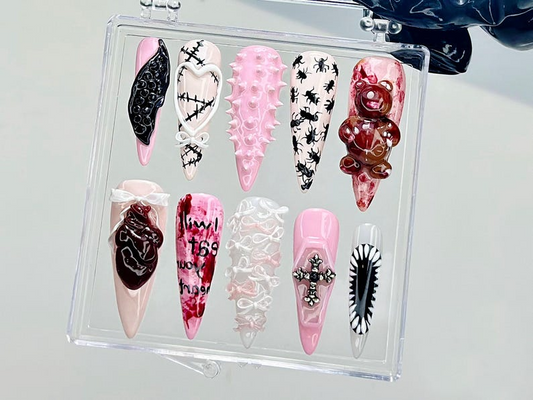 3D Punk Gothic Press On Nails Edgy Pink Fake nails| Kawaii Horror Y2K Nail Art Pink Horror Kawaii Nails 3D Bloody Bear Nails| OB937YC