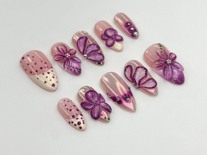 Glossy Purple Flower Press On Nails 3D Floral Chrome Nails Handmade Long Nails Sparkling Violet Flower Tips| Elegant Nail SetOC770LC