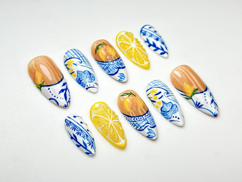 Lemon Garden Press On Nails Blue White Floral Ceramic Nail Art Summer Lemon Zest Nails Fresh Fruit Nails Fresh Nails