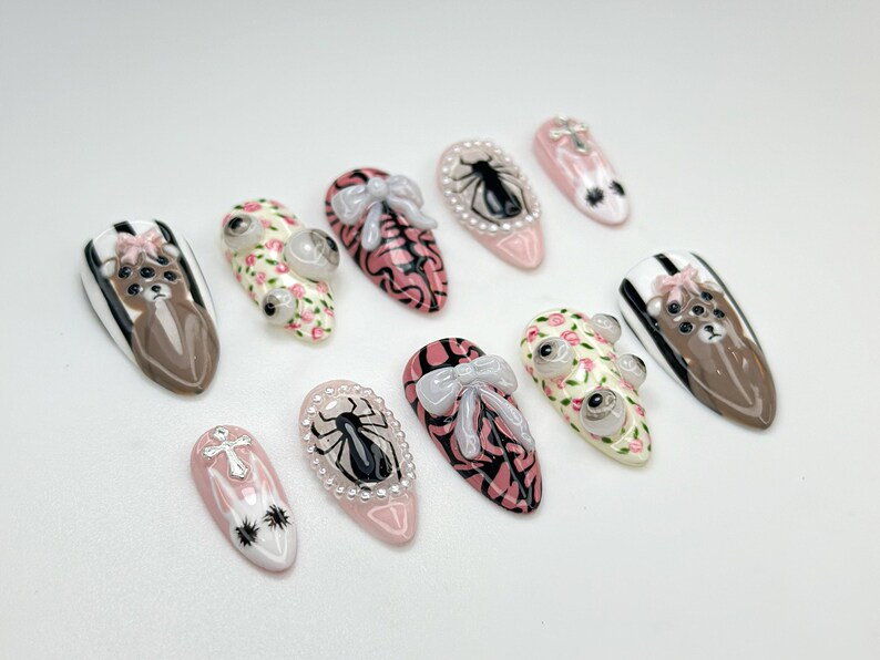 Creepy Cute Teddy Press On Nails 3D Bear & Bow Nails Gothic Pastel Floral Nail Art Soft Horror Pink Press Ons OB907HC