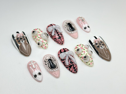 Creepy Cute Teddy Press On Nails 3D Bear & Bow Nails Gothic Pastel Floral Nail Art Soft Horror Pink Press Ons OB907HC