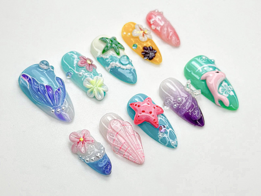 Tropical Starfish Press On Nails Summer Ocean Beach Nail Set 3D Starfish & Hibiscus Nail Art Vibrant Mermaidcore Press Ons OB794HC