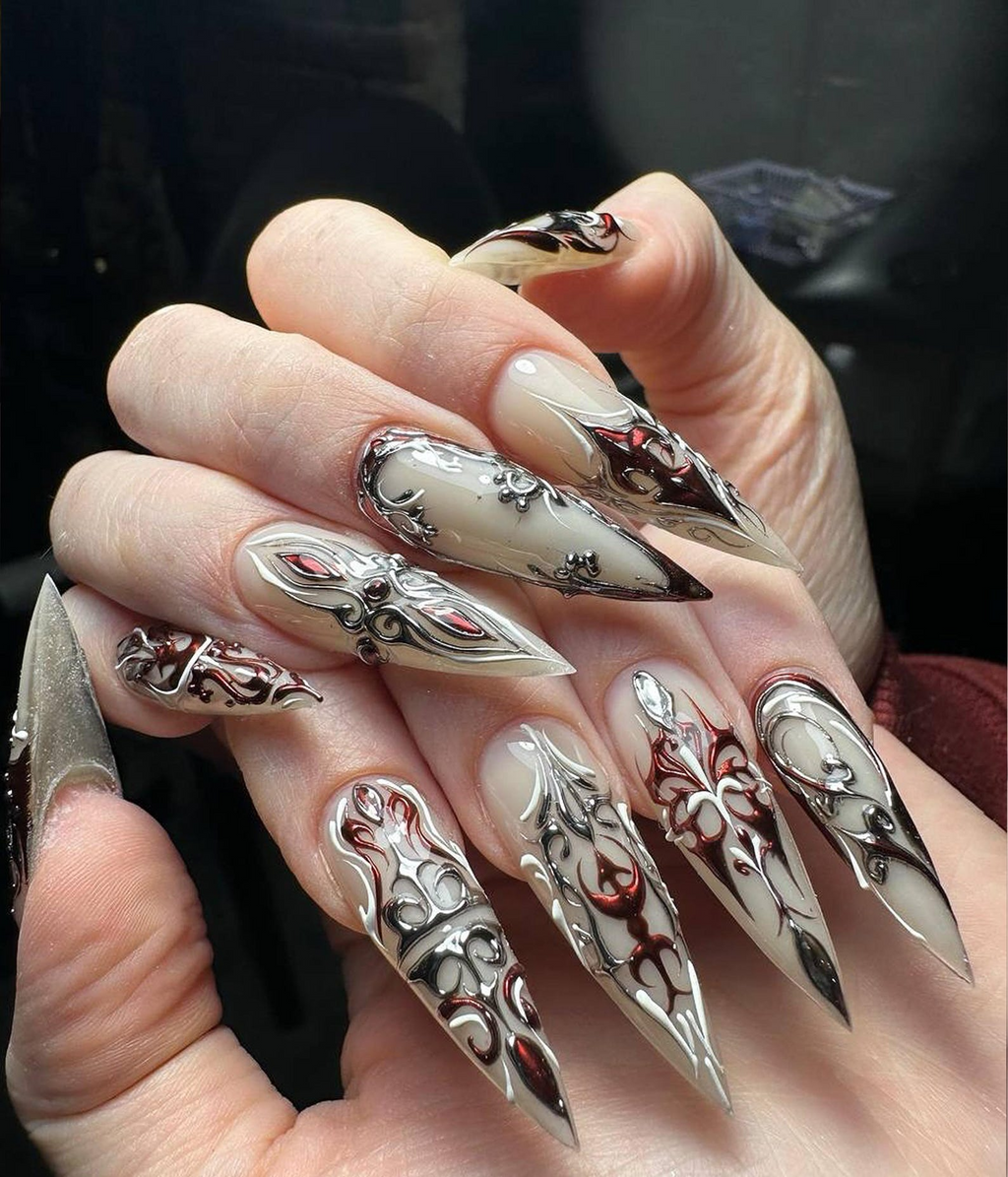 Red Silver Gothic Press On Nails 3D Gothic Warrior Nail Art Handmade Red Silver Metallic Nails Dark Fantasy Armor Tips OB803HK