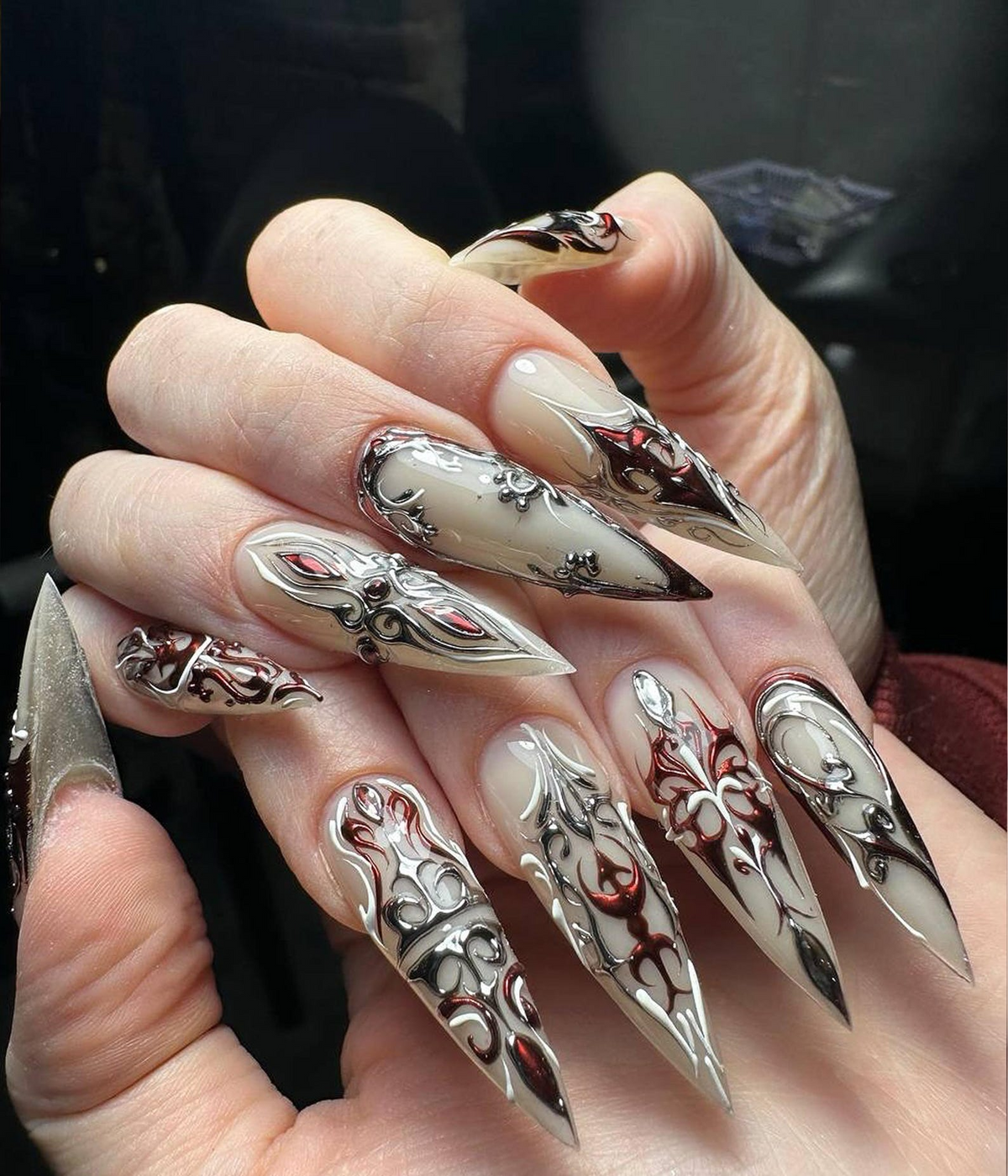 Red Silver Gothic Press On Nails 3D Gothic Warrior Nail Art Handmade Red Silver Metallic Nails Dark Fantasy Armor Tips OB803HK