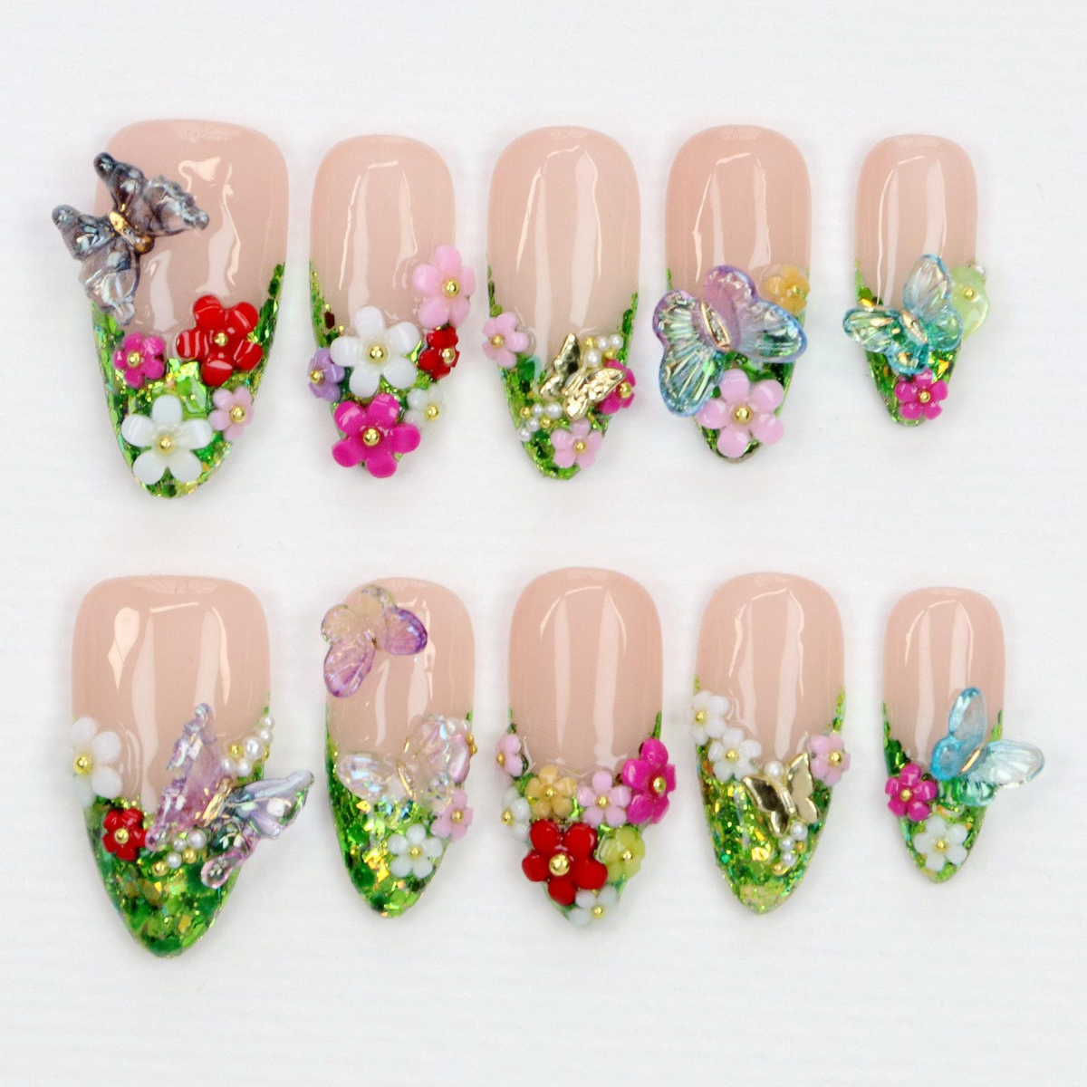 Green Glitter Press On Nails, Handcrafted Freestyle Forest-Inspired Secret Garden Nails