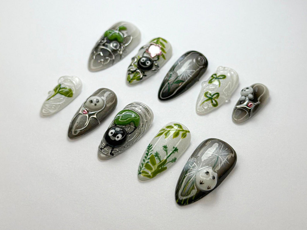 Whimsical Forest Totoro Press-On Nails Totoro-Inspired Handmade Nailss Totoro & Soot Spirit Nail Design Handmade Fantasy NailOB719HC