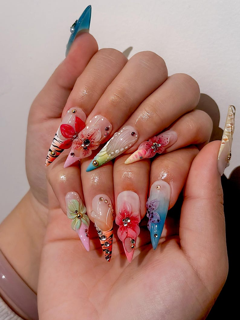 Spring Blossom Fantasy Press On Nails Colorful Floral Spring Nails Pastel Garden