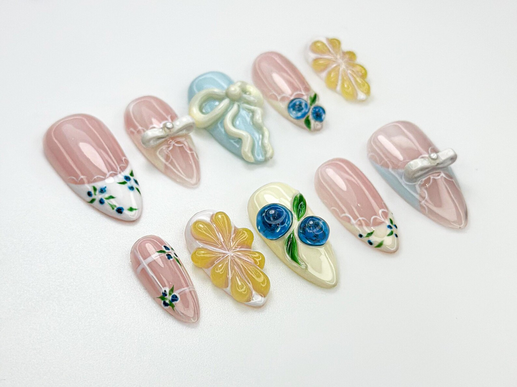 Lace French Tip Press On Nails Blueberry Floral Nails Kawaii Vintage Ribbon Nail Art 3D Bow Pink Press Ons Pastel Nails