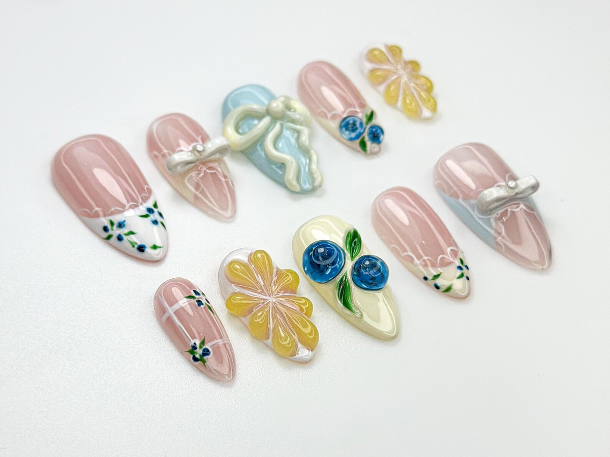 Lace French Tip Press On Nails Blueberry Floral Nails Kawaii Vintage Ribbon Nail Art 3D Bow Pink Press Ons Pastel Nails